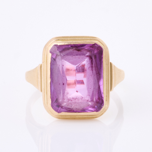 14ct Rose Gold, Vintage, Rectangular, Synthetic Pink Sapphire Ring