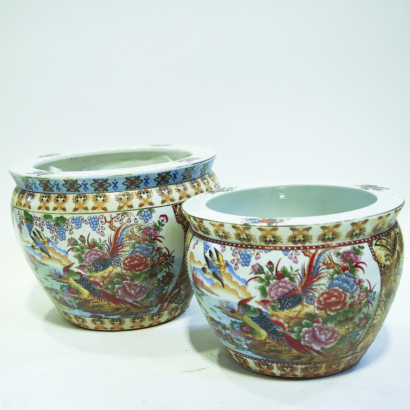 Two different sizes of Chinese 20th century painted 'figural' pots