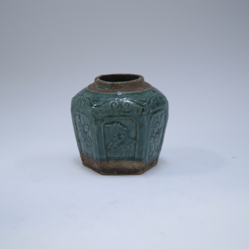 A Chinese peacock blue glazed hexagonal jar