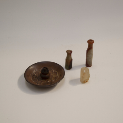 Three Chines old jade cigarette holders +An incense holder