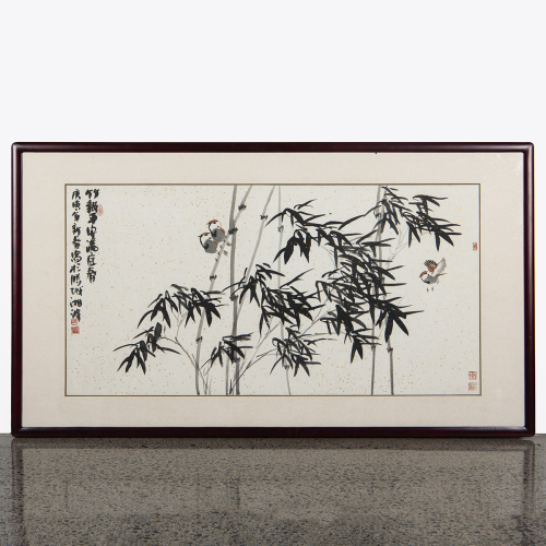 A Chinese ink painting of bamboo and birds