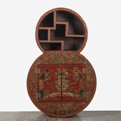 A Chinese red lacquer and gilt &rsquo;landscape&lsquo; gourd-shaped treasure chest