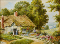 JOS KIVITS Romantic Cottage with Girl Feeding Chickens