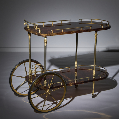 An Aldo Tura Milano Italy Lacquered Goatskin and Brass Bar Cart on Wheels