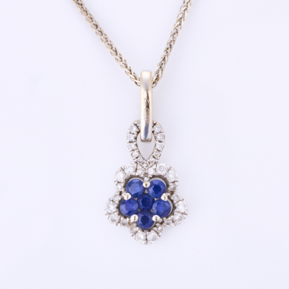 18ct White Gold, .15ct Sapphire / .30ct Diamond Flower Pendant