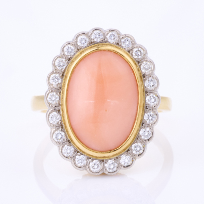 18ct Yellow Gold, Modern, 4.77ct Coral / .47ct Diamond Ring