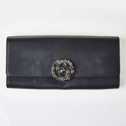 Gucci, Black Leather GG Crystal Broadway Clutch