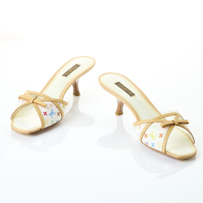 Louis Vuitton, White Monogram Multicolore Kitten Heel Mule Sandals, Size 39 with Box