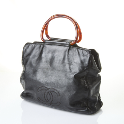 Chanel, Vintage, Black Leather CC Tortoise Shell Design Handle Tote