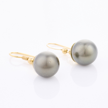 9ct / 18ct Yellow Gold, Black Pearl Drop Earrings