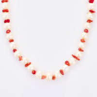 Cultured Baroque, White Pear l/ Coral Necklace with Silver-tone Clasp