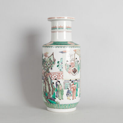 A Chinese Qing dynasty famille Verte 'Scholar' rouleau vase