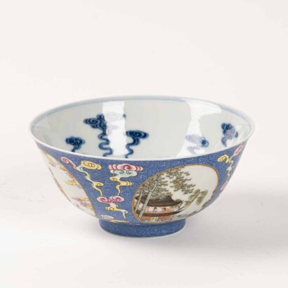 A Chinese blue and white inside and familli-rose 'figural' outside bowl (Daqing daoguang year mark)