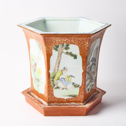 A Chinese early 20th century famille rose 'figural, landscapes, and floral 'hexagonal box