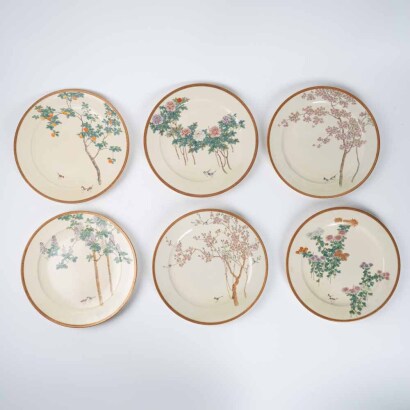 A group of six Japanes Meiji period ' flower and bird' Satsuma Ware Plates (Ruishan Mark)