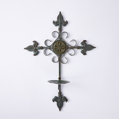 A Wrought Iron Cross Candle Holder