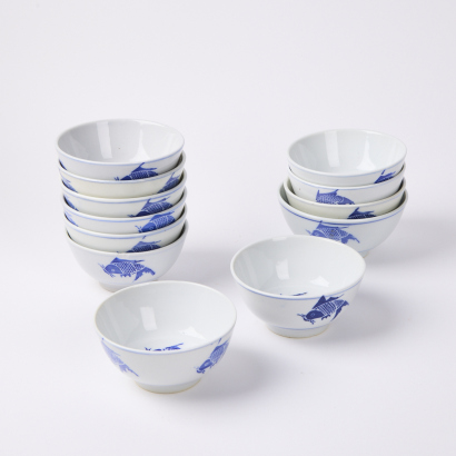 A Set of 12 Fish Decorated Dipping Bowls