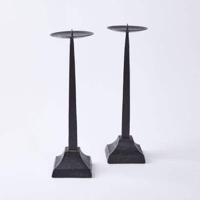 A Pair Tall Cast Iron Candle Holders