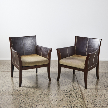 A Pair of Oak & Leather Occasional Chairs