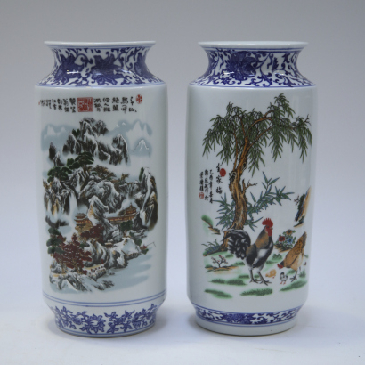 A pair of Chinese 20th century painted 'landscape’ flower and birds' large vases