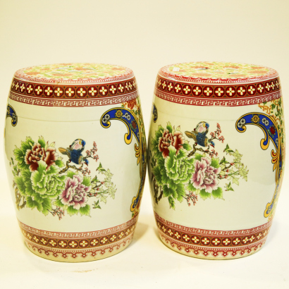 Two Chinese 20th century famille rose 'floral' embroidered stools