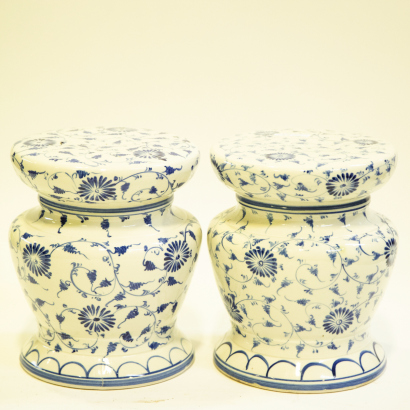 Two Chinese 20th century blue and white 'floral' embroidered stools