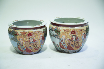 A pair of Chinese 20th century painted 'figural' pots