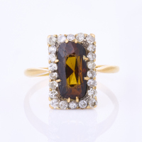 18ct Yellow Gold, Estate, Diamond / Dark Orange Stone Ring