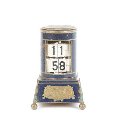 A Small Vintage Cylindrical Blue Lacquer and Gilt Brass Digital Clock