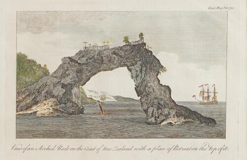 View of an Arched Rock on the Coast of New Zealand with a Place of Retreat on the Top of it by Sydney Parkinson