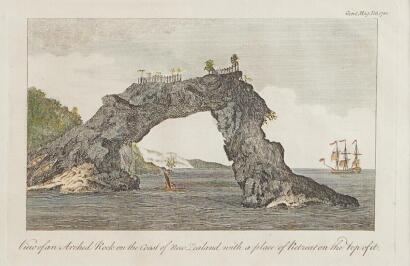 View of an Arched Rock on the Coast of New Zealand with a Place of Retreat on the Top of it by Sydney Parkinson