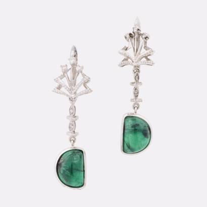 18ct / 10ct White Gold, Trapiche (half each) Emerald Drop Earrings