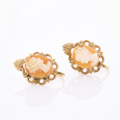 A Pair of 9ct Yellow Gold, Vintage, Shell Cameo Earrings