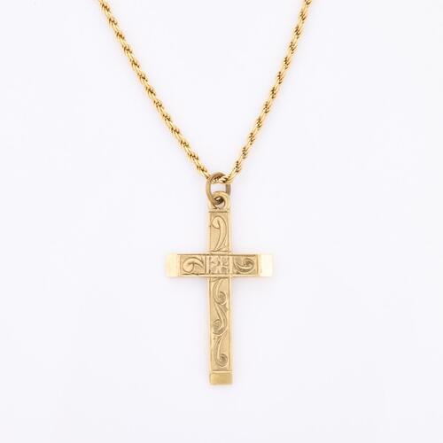 9ct Yellow Gold, Hand Engraved Cross with Chain