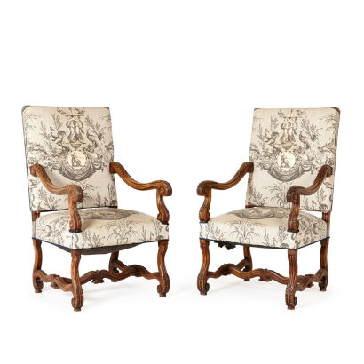 A Pair of Jacobean Style Armchairs With Walnut Frames