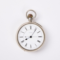 A TR Russell Silver Open-Face Pocket Watch With White Roman Numeral Dial And Blued Steel Hands