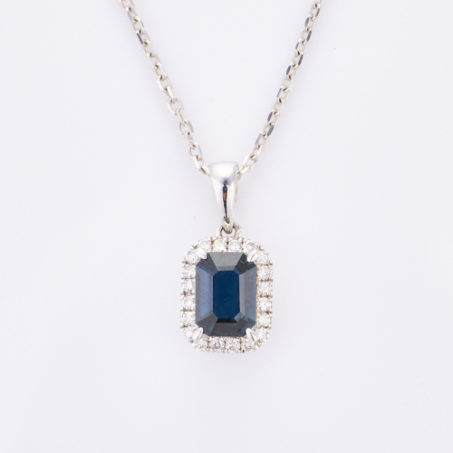 9ct White Gold, Modern, 1.01ct Sapphire / .15ct Diamond Pendant, on 40cm, 9ct White Gold Chain.