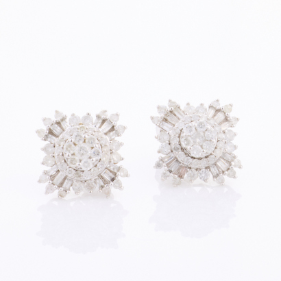 18ct White Gold, 1.38ct Diamond Cluster Earrings