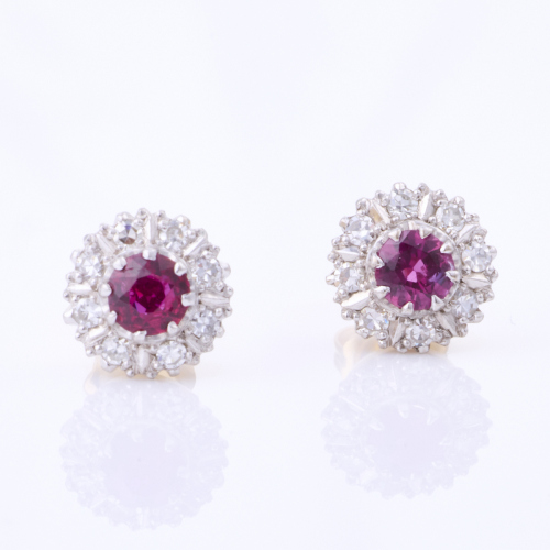 18ct Yellow Gold / Platinum, .80ct Ruby / .32ct Diamond Stud Earrings