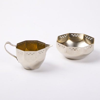 An Antique Early WMF Silverplate Sugar And Cream Stand With Pierced Design Creamer Sugar Bowl And Tray