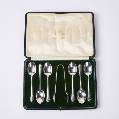 A Cased Mappin & Webb Set Of Six Sterling Silver Teaspoons With Sugar Tongs