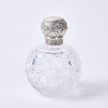 An Antique Sterling Silver And Cut Crystal Perfume Bottle Chester 1900