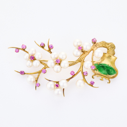 14ct Yellow Gold, Multi-Gem Cherry Blossom Brooch