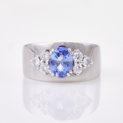 18ct White Gold, Modern, 1.36ct Sapphire / .48ct Diamond Ring