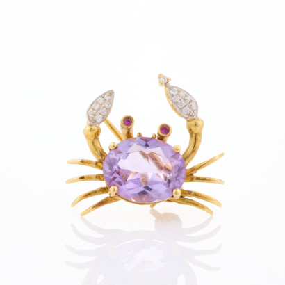 18ct Yellow Gold, Small Crab, Amethyst / Diamond Pendant