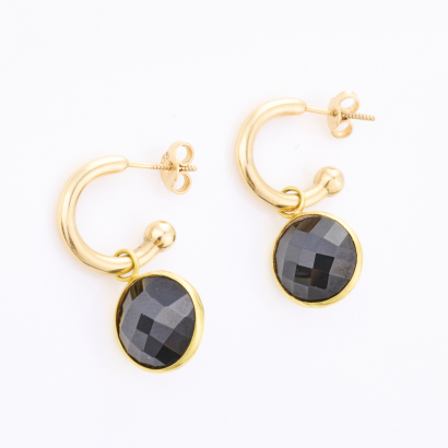 9ct Yellow Gold, Roccabella NZ Made, Hoops with Onyx Charm Drops