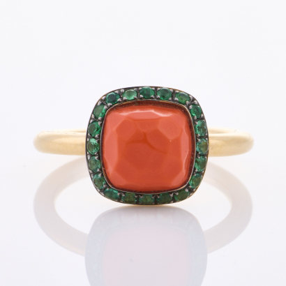 18ct Rose Gold, Geometry Ring by Gioielliamo, with Coral / Emeralds