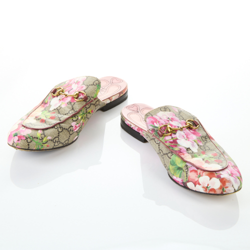 Gucci GG Supreme Monogram Blooms Princetown Mules, Size 40