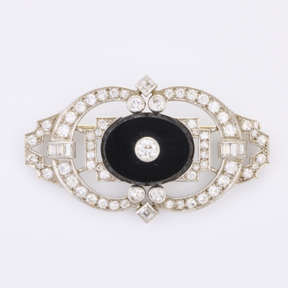 Platinum, Vintage, Art Deco Style, Black Onyx and 4.14ct Diamond Brooch