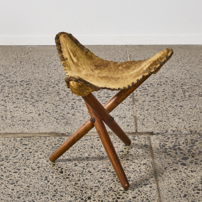 A Vintage Leather and Wood Tripod Stool